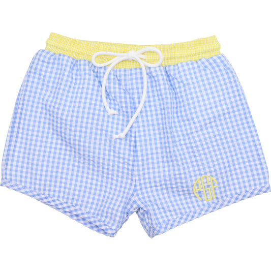 Blue And Yellow Seersucker Swim Trunks