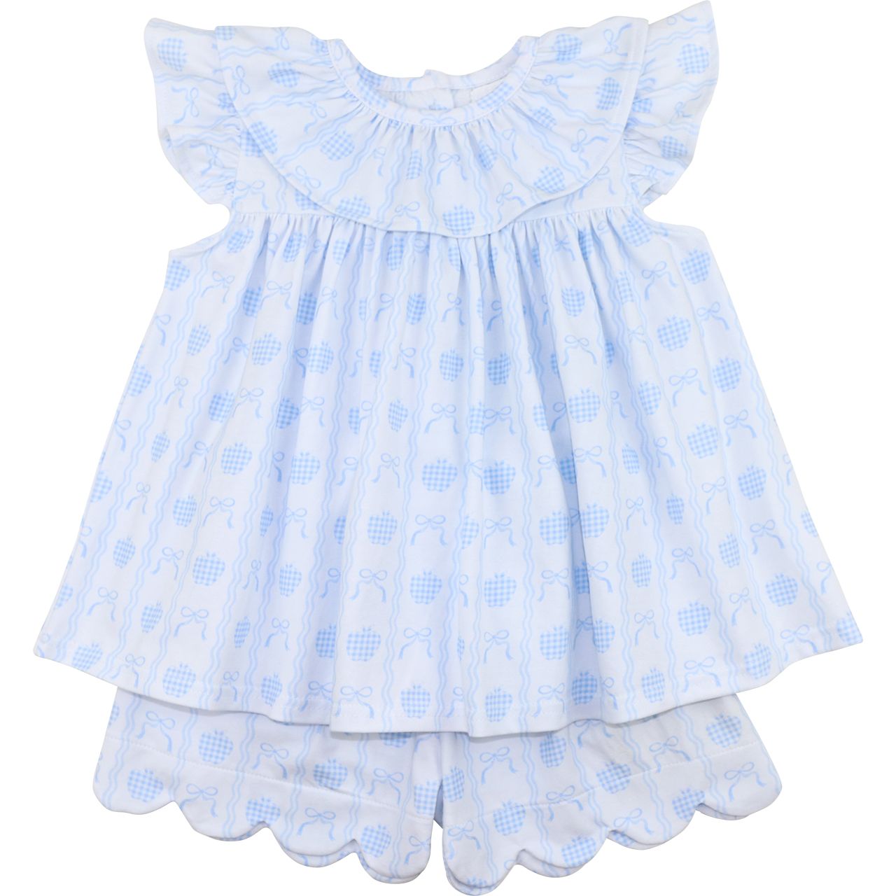 Blue Apple And Bow Knit Scalloped Short Set