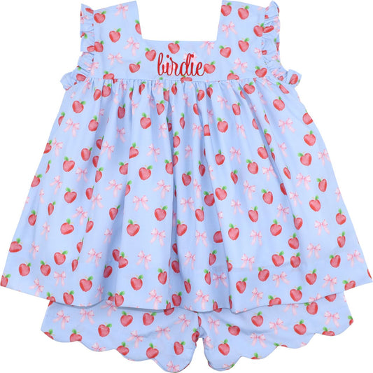 Blue Apple And Bow Short Set