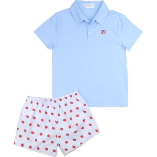 Blue Apple Print Polo Short Set