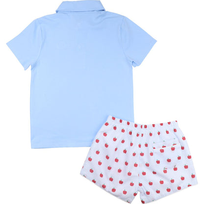Blue Apple Print Polo Short Set Back 