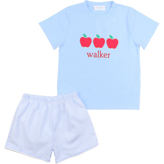 Blue Applique Apples Short Set