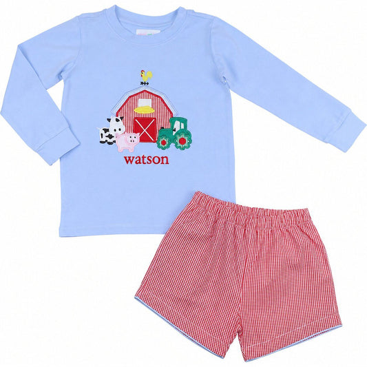 Blue Applique Farm Short Set