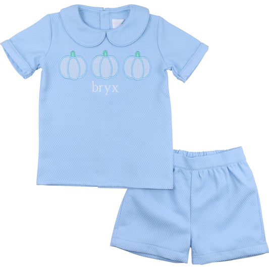 Light blue boys short set with pumpkins and 'bryx' text on a white background