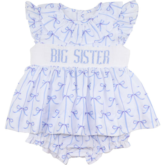 Blue Bow Smocked Big Sister Diaper Set
