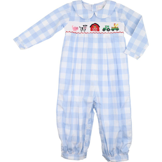 Blue Buffalo Check Smocked Farm Long Romper