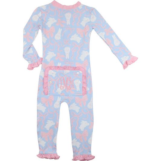 Blue Bunny And Bow Knit Zipper Pajamas