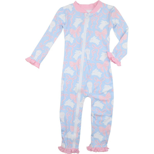 Blue Bunny And Bow Knit Zipper Pajamas