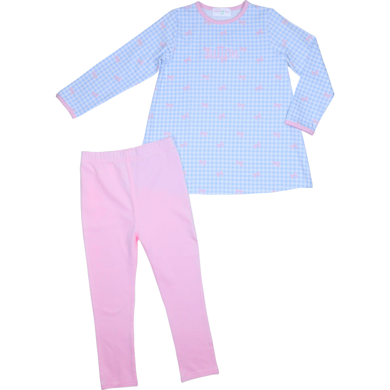 Blue Check And Bow Knit Legging Set1
