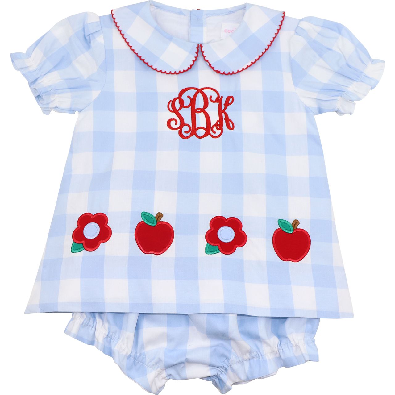 Blue Check Applique Apple Diaper Set