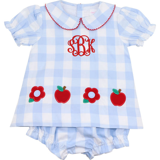 Blue Check Applique Apple Diaper Set