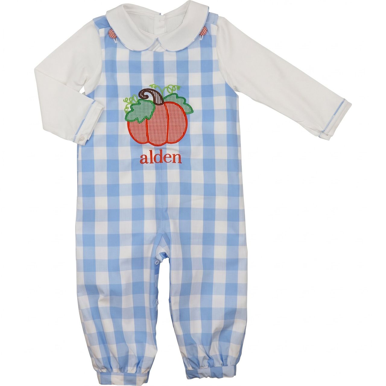 Blue Check Applique Pumpkin Long Romper Set
