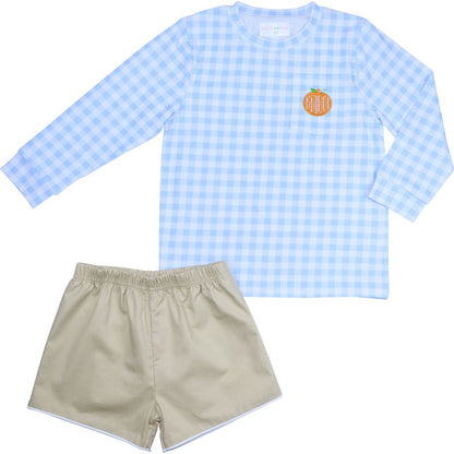 Blue Check Applique Pumpkin Short Set