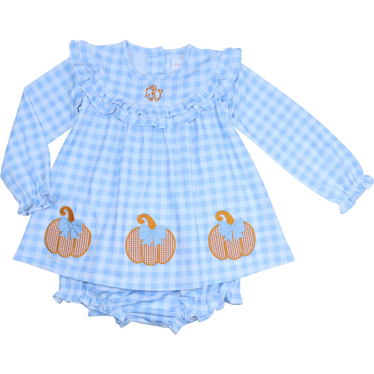 Blue Check Knit  Applique Pumpkins Diaper Set