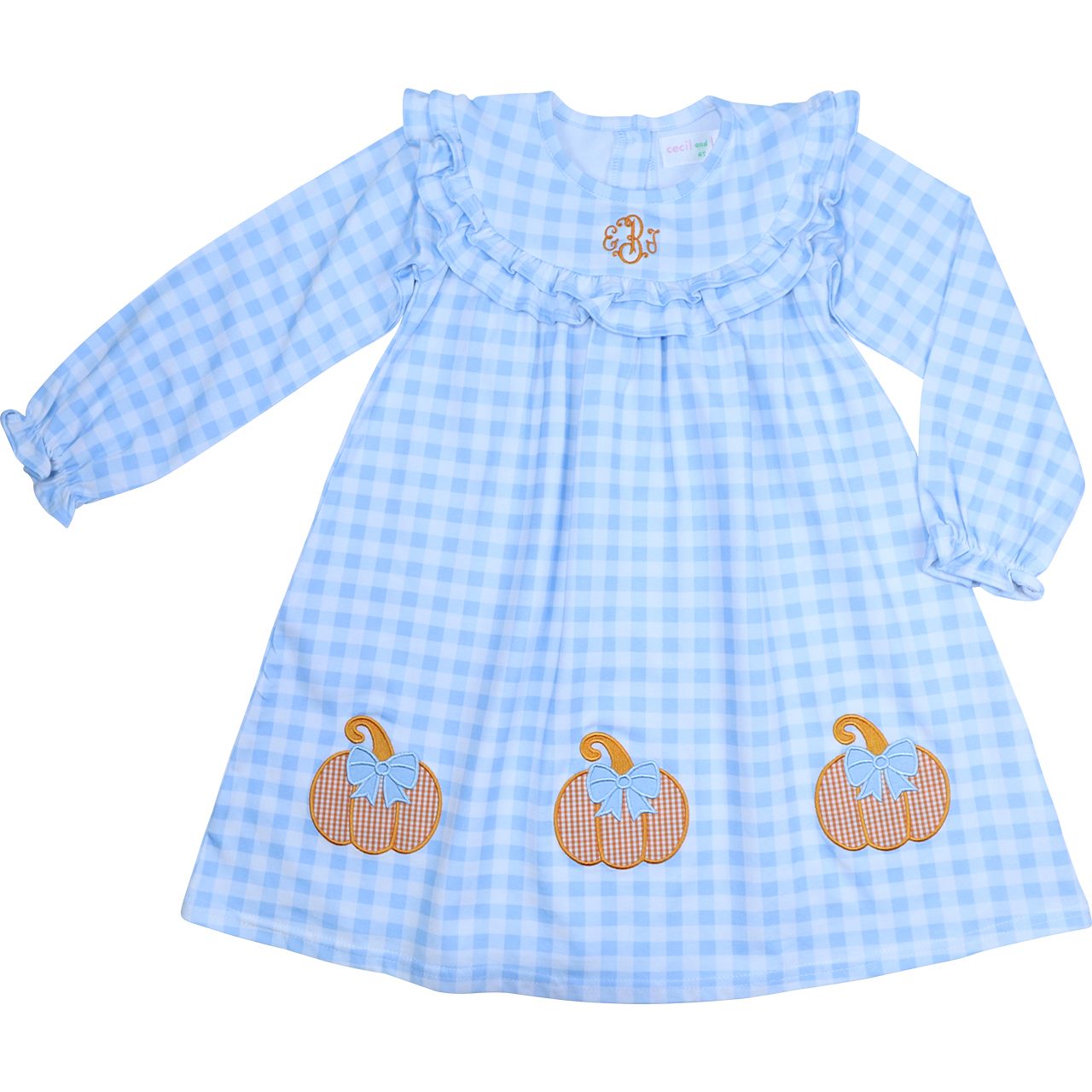 Blue Check Knit Applique Pumpkins Dress
