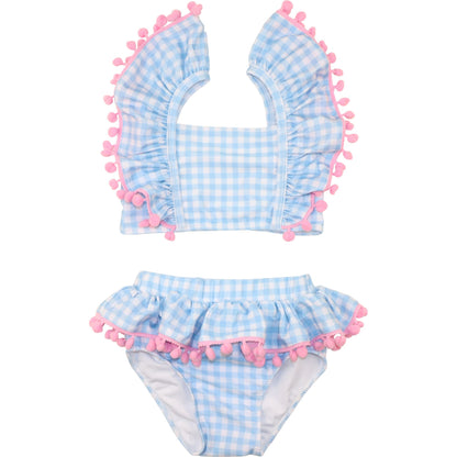 Blue Check Pom Pom Bikini