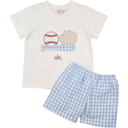 Children's t-shirt with baseball and glove design and checkered shorts on a white background
