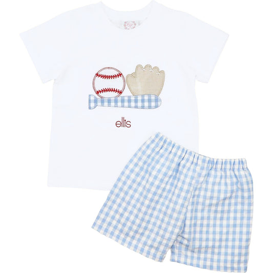 Children's outfit with white t-shirt and blue checkered shorts featuring a baseball and glove design.