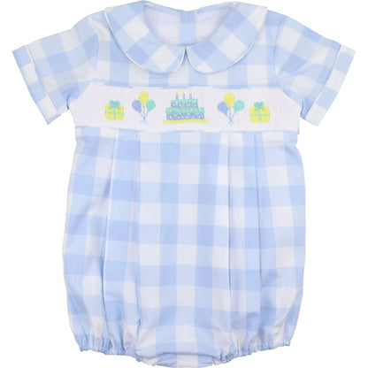Blue Check Smocked Birthday Bubble Size 2T