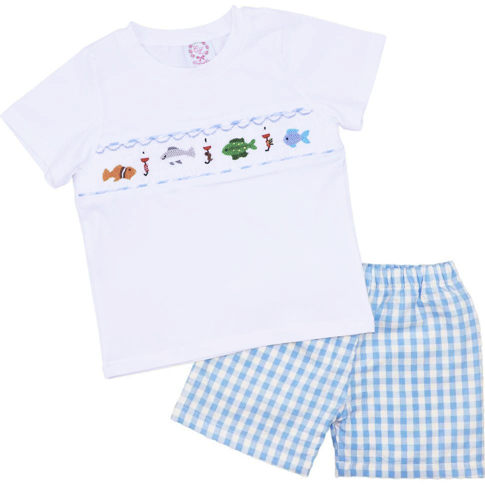 Blue Check Smocked Fishing Short Set