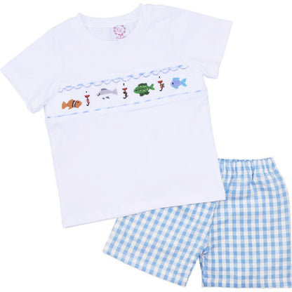 Blue Check Smocked Fishing Short Set