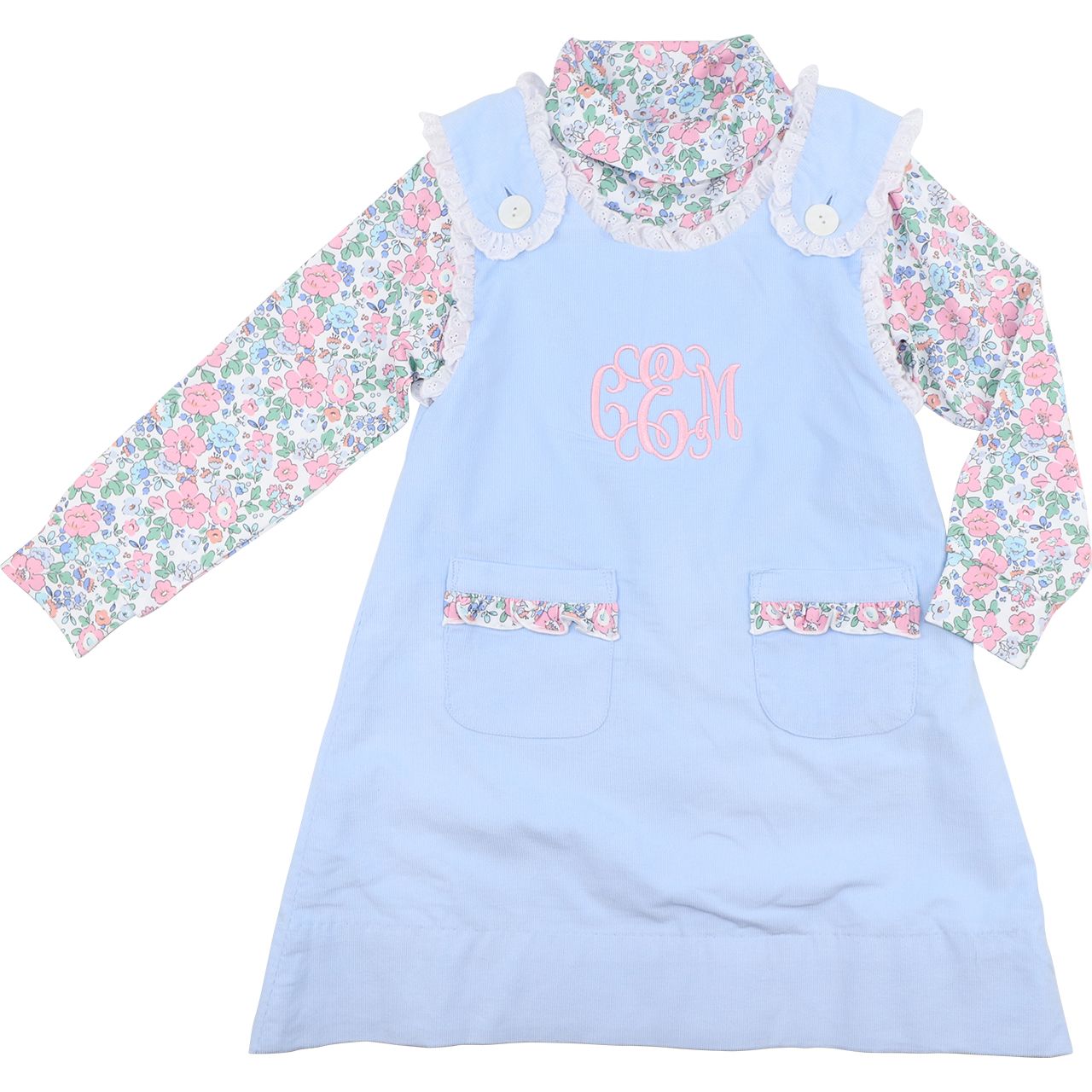Blue Corduroy And Floral Aline Dress Set