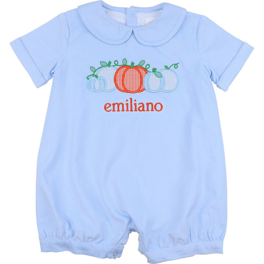 Blue Corduroy Applique Pumpkin Short Romper