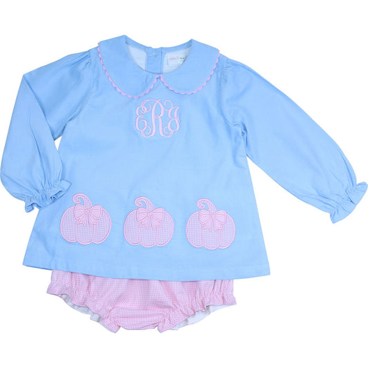 Blue Corduroy Applique Pumpkins Diaper Set