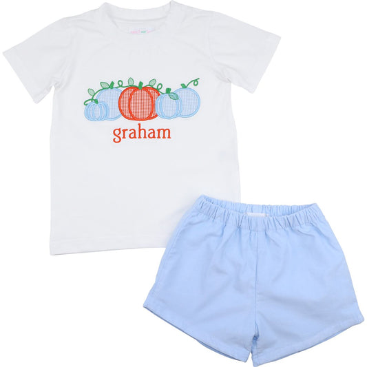 Blue Corduroy Applique Pumpkins Short Set