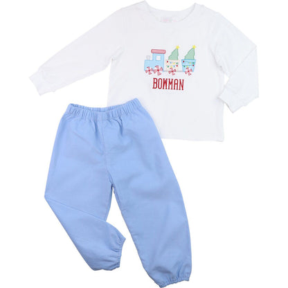 Blue Corduroy Christmas Train Ankle Pant Set