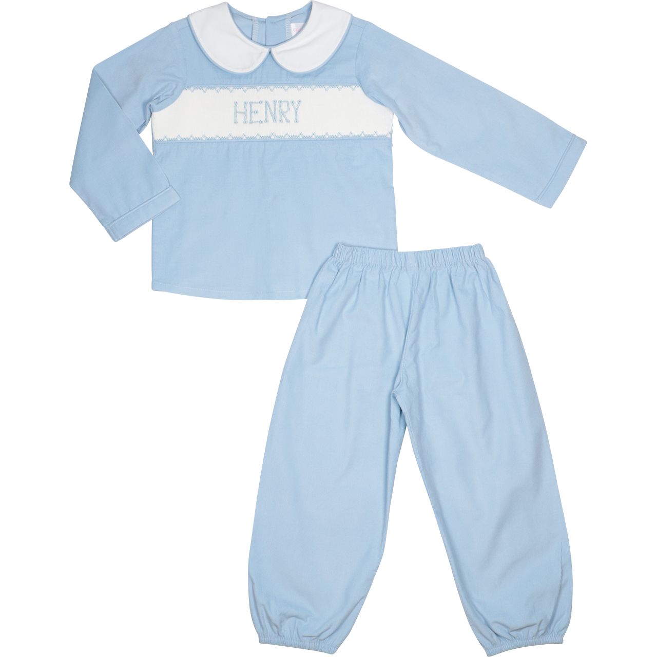 Blue Corduroy Custom Smocked Ankle Pant Set