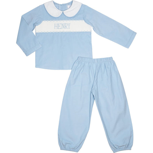 Blue Corduroy Custom Smocked Ankle Pant Set