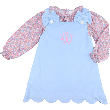 Blue Corduroy Floral Scalloped Dress Set