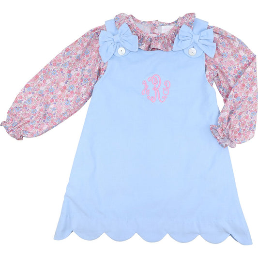 Blue Corduroy Floral Scalloped Dress Set