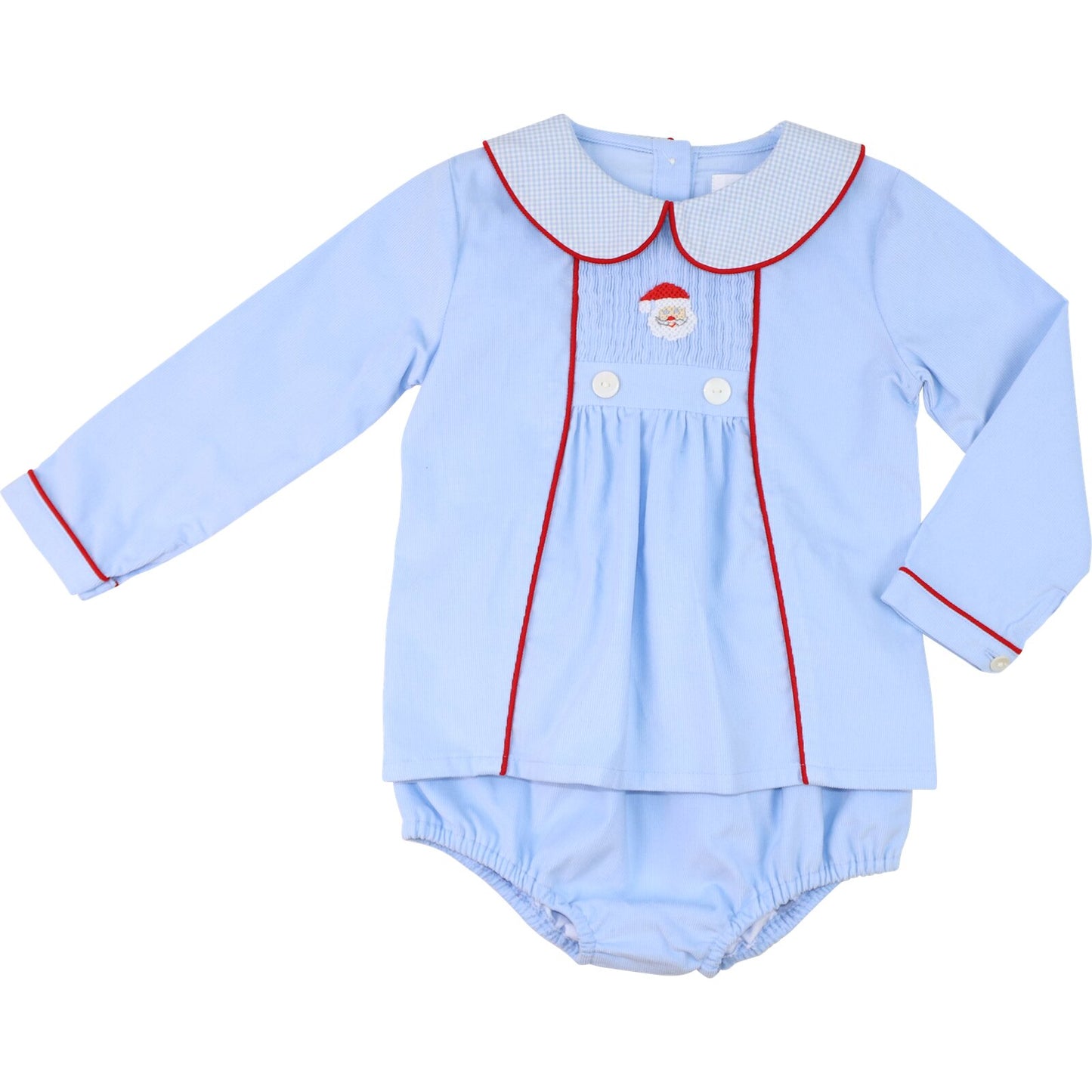 Blue Corduroy Smocked Santa Diaper Set
