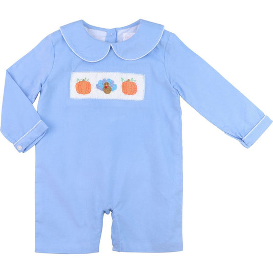 Blue Corduroy Smocked Turkey And Pumpkin Short Romper