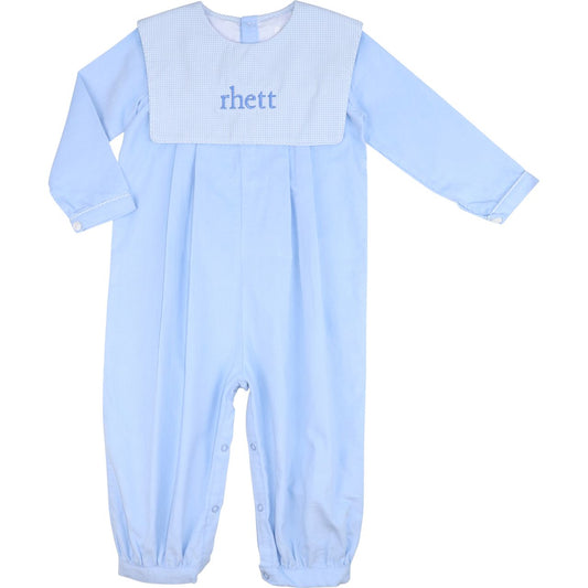 Blue Corduroy Square Collar Long Romper