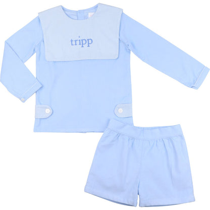 Blue Corduroy Square Collar Short Set