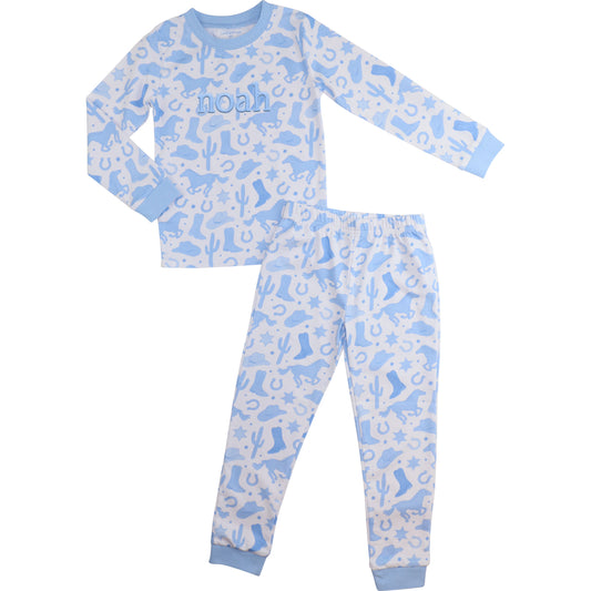 Blue Cowboy Print Knit Pajamas