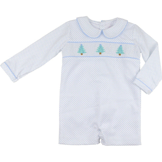 Blue Dot Corduroy Smocked Christmas Tree Short Romper