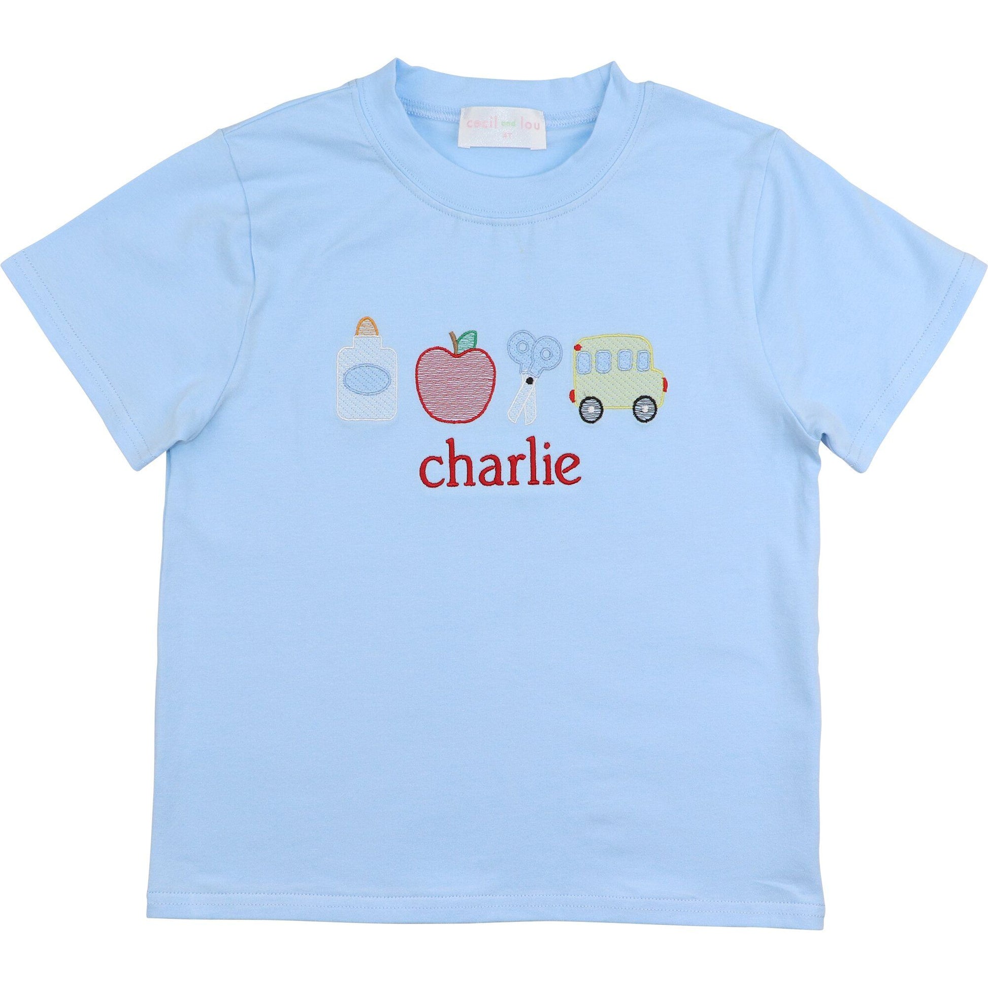 Blue Embroidered Back To School Knit Shirt