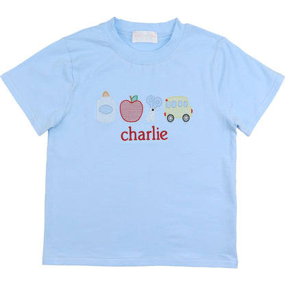 Blue Embroidered Back To School Knit Shirt