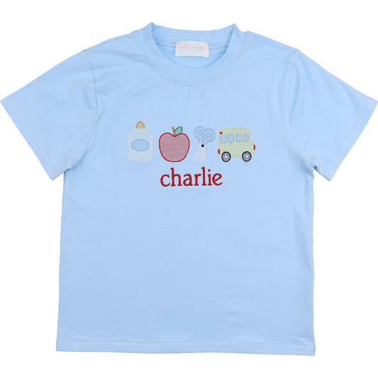Blue Embroidered Back To School Knit Shirt