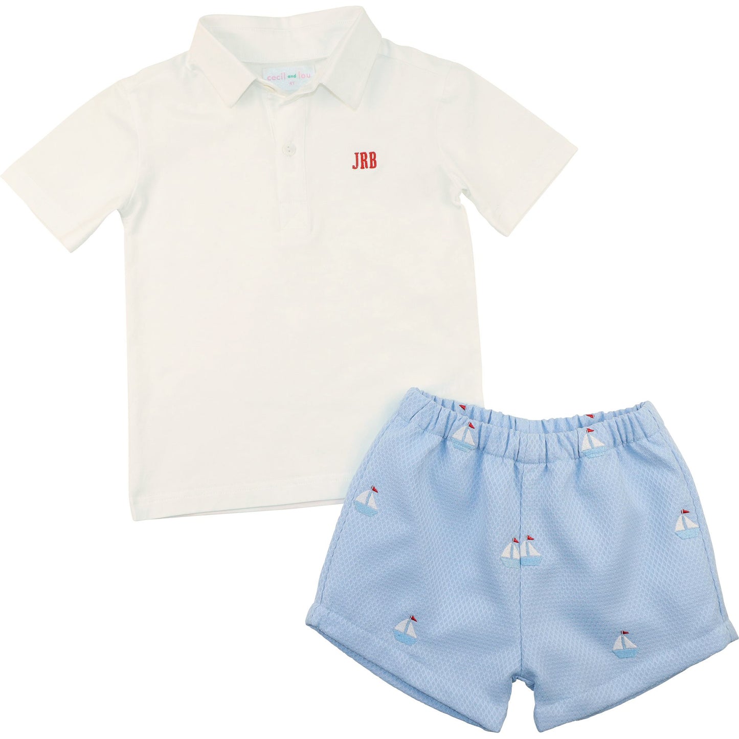 Blue Embroidered Sailboat Polo Short Set
