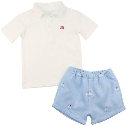 Blue Embroidered Sailboat Polo Short Set
