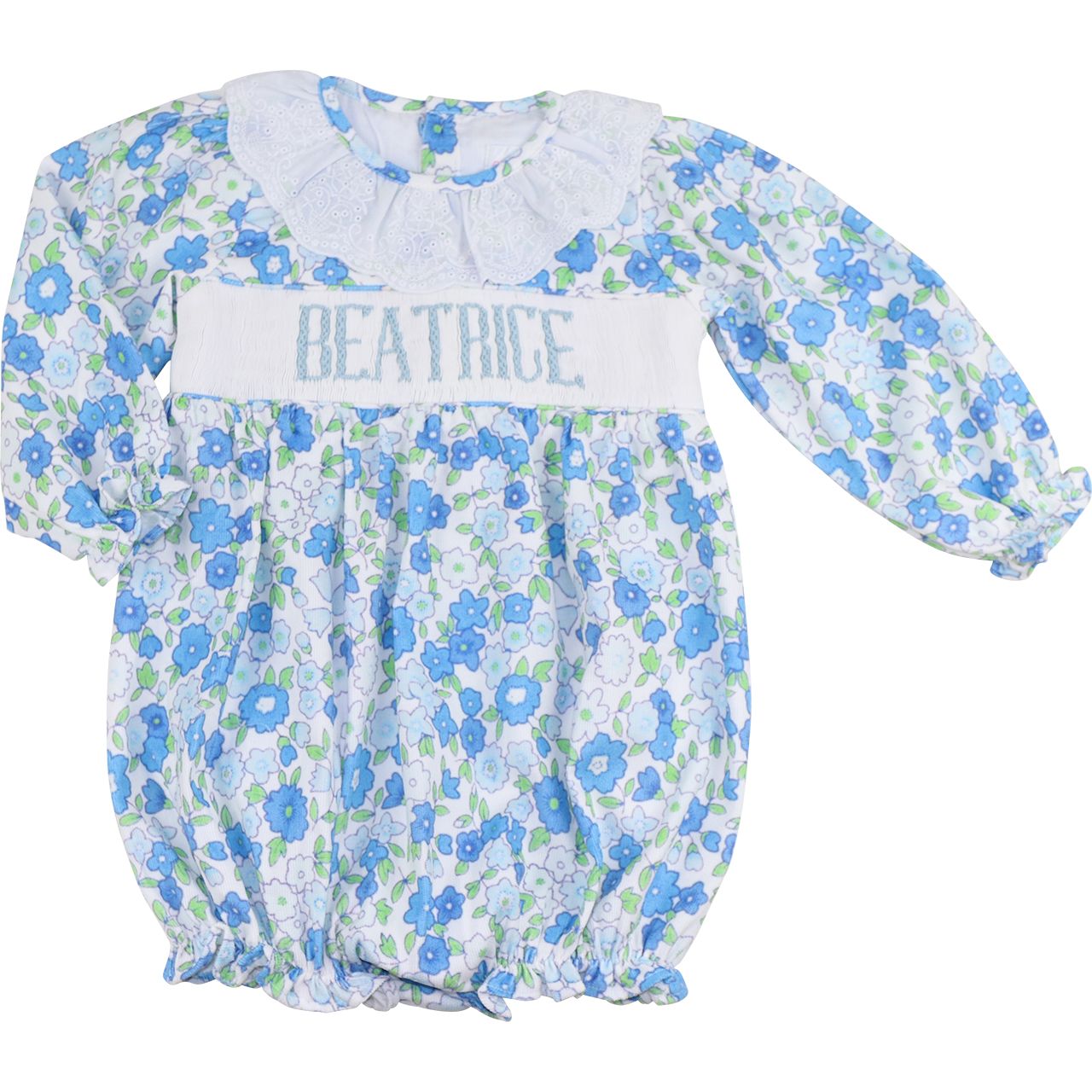Blue Floral Corduroy Custom Smocked Bubble