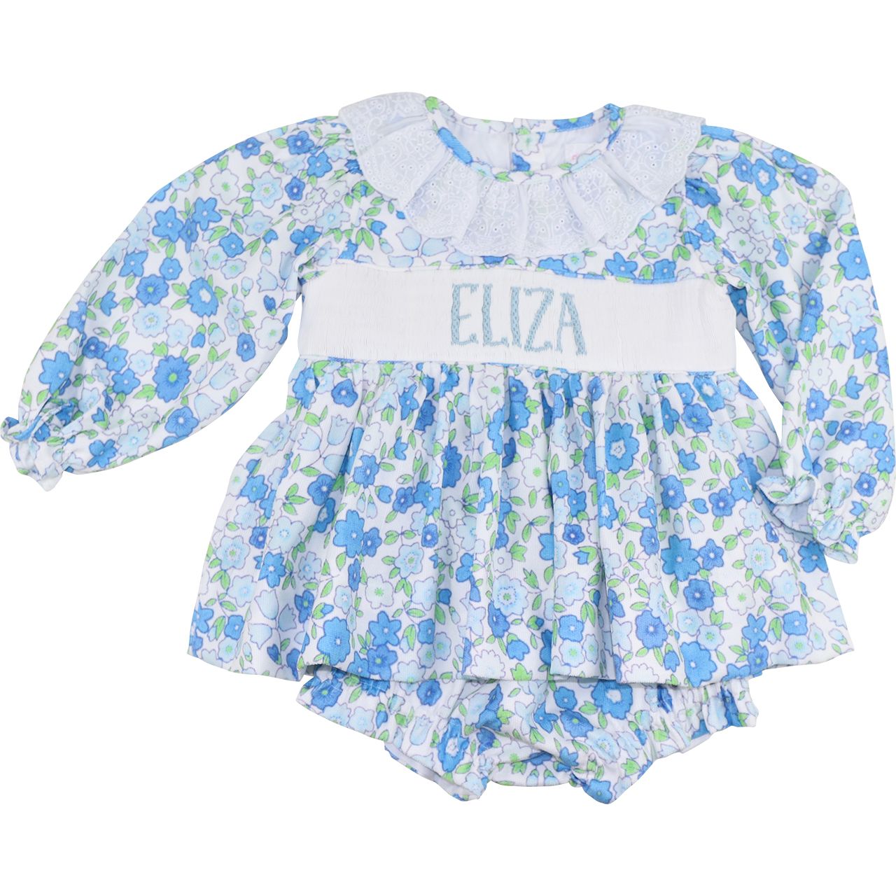 Blue Floral Corduroy Custom Smocked Diaper Set
