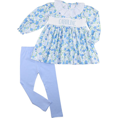Blue Floral Corduroy Custom Smocked Legging Set