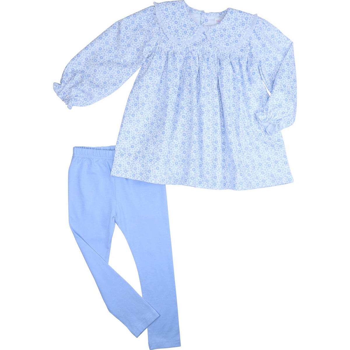 Blue floral corduroy legging set with Peter Pan collar and light blue leggings