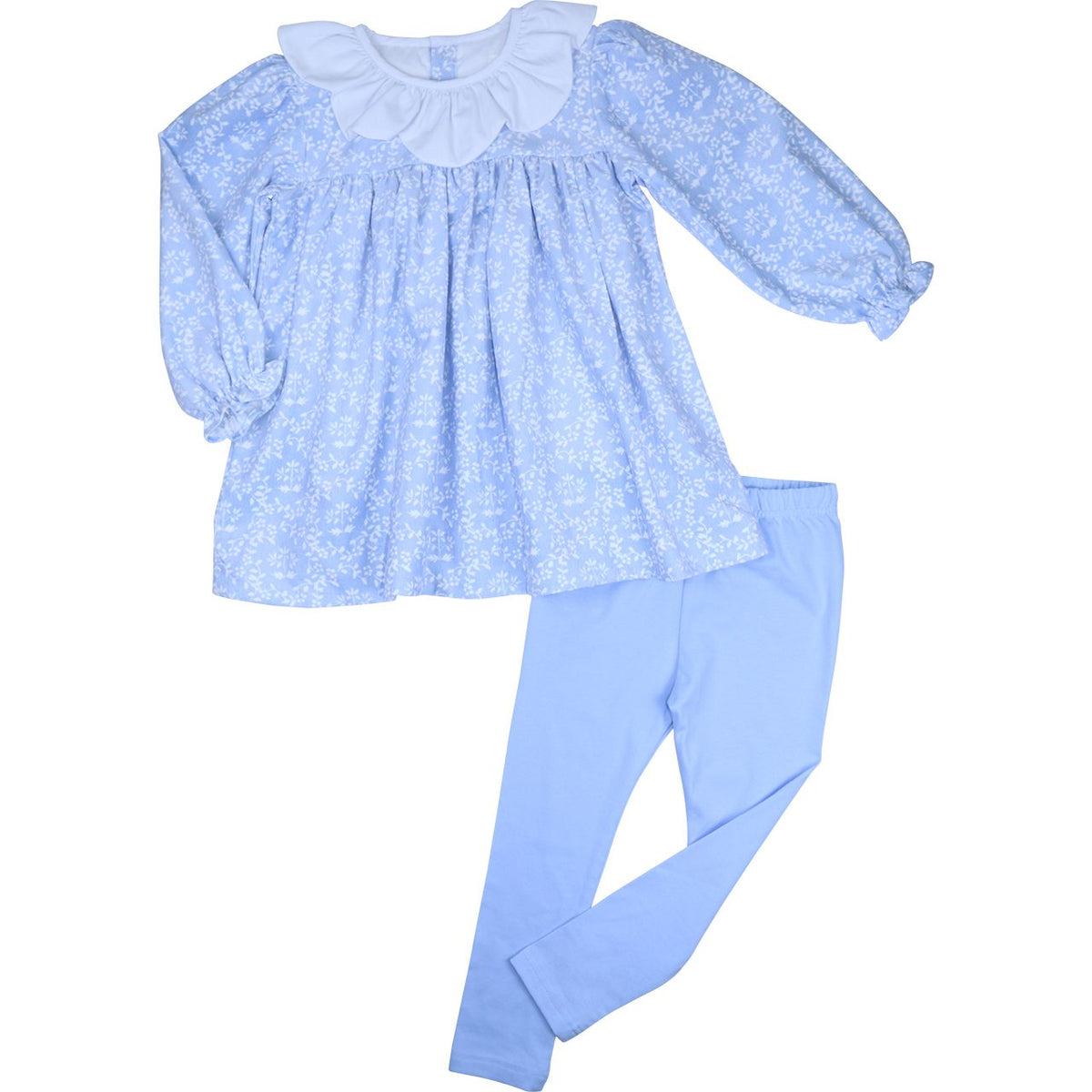 Blue floral corduroy top with white ruffle collar and light blue leggings